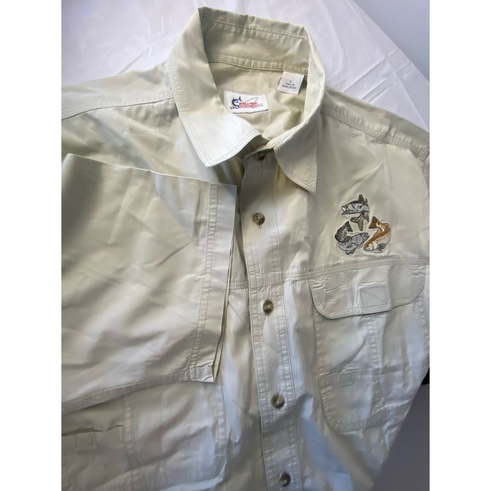 Men's World Wide Sportsman 100% Cotton Beige Light Weight Fishing Shirt- Size L
